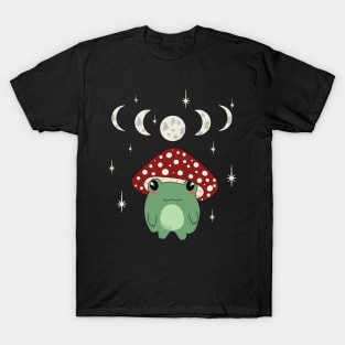 Mushroom Hat Kawaii Frog with Moon Phases T-Shirt
